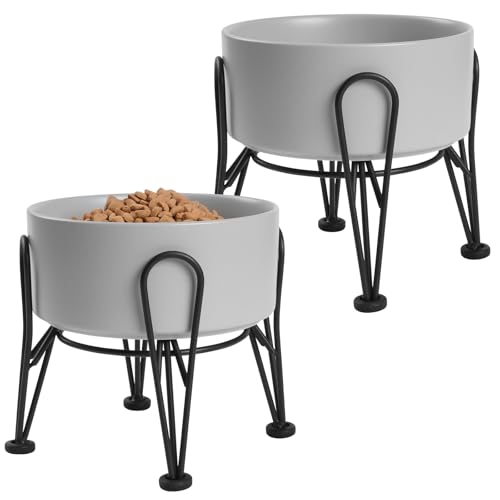 Elevated Dog Bowls, Ceramic Raised Dog Bowl Set with Anti-Slip and Non-Tip Metal Stand, 2 Pack Pet Food and Water Feeding Bowls for Small and Medium Dogs (Gray,3.6 Cups) - color: Gray, size: 3.6 Cups | 2 Pack | For Medium Dogs