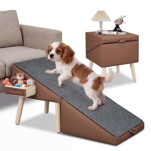 Dog Ramp for Couch and Bed, 17" H Stairs for Small to Medium Dogs and Cats Foldable Steps for Pets to Get on High Bed, Non-Slip Sturdy Ottoman Ramp with Storage Drawer, Brown - color: Brown
