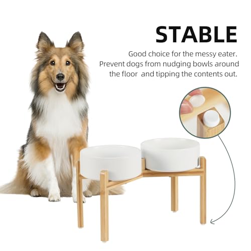 Havniva 8.3” Dog Bowls Elevated Ceramic Dog Food and Water Bowl Set, Double Raised Dog Water Bowl with Stand Non-Slip Rubber Base Large Capacity Feeding Pet Food Bowl for Large Dogs - color: Matte White - 2 Bowls+Stand, size: 8.3 Inch