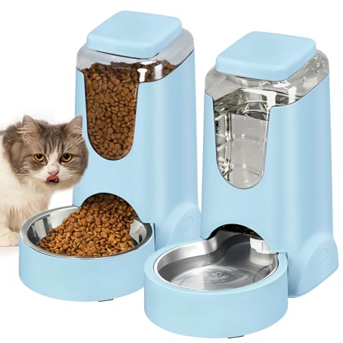 Portable Automatic Cat Feeder and Water Dispenser with Stainless Steel Bowl Dog Gravity Food Feeder and Waterer for Small Medium Pets Puppy Kitten 1 Gallon x 2 (Light Blue（3.8L*2）) - color: Light Blue（3.8L*2）