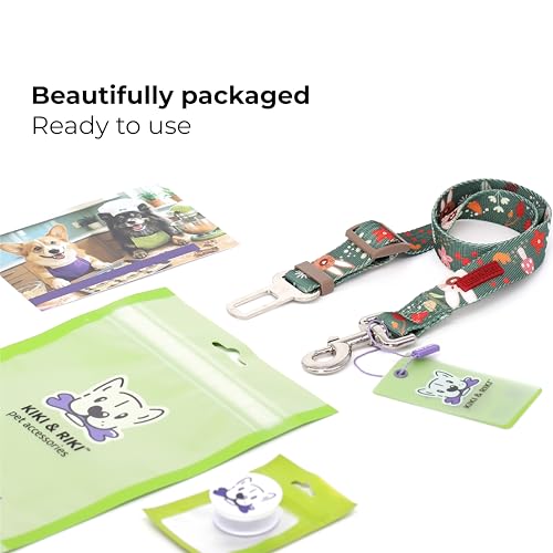 KIKI & RIKI Dog Car Seat Belt, Adjustable 14–24 in (36–61 cm), Premium Nylon Safety Tether, Universal Buckle Clip, Durable Vehicle Restraint Strap, Green (Berry Forest)