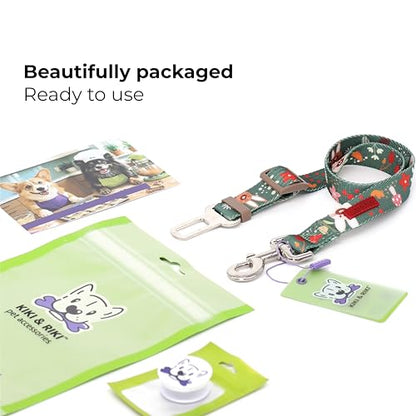 KIKI & RIKI Dog Car Seat Belt, Adjustable 14–24 in (36–61 cm), Premium Nylon Safety Tether, Universal Buckle Clip, Durable Vehicle Restraint Strap, Green (Berry Forest)