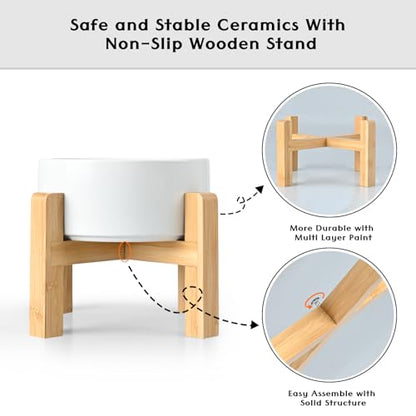 SPUNKYJUNKY Ceramic Elevated Dog Bowls 2 Pack - 5.1inch Raised Dog Bowls with Non-Slip Wooden Stand for Small Dogs Dishwasher Safe(White,13.5OZ*2) - color: White, size: Small - 1.7 CUPS*2