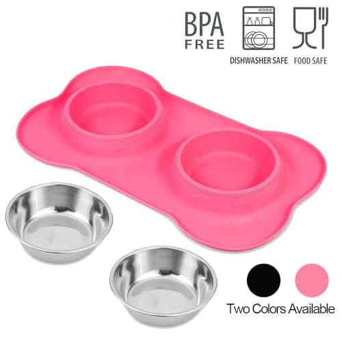 AsFrost Dog Food Bowls Stainless Steel Pet Bowls & Dog Water Bowls with No-Spill and Non-Skid, Feeder Bowls with Dog Bowl Mat for Dogs Cats and Pets-Pink, 24 0z in Total - color: Pink, size: 1½ Cup/12 oz each
