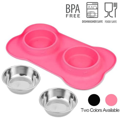 AsFrost Dog Food Bowls Stainless Steel Pet Bowls & Dog Water Bowls with No-Spill and Non-Skid, Feeder Bowls with Dog Bowl Mat for Dogs Cats and Pets-Pink, 24 0z in Total - color: Pink, size: 1½ Cup/12 oz each