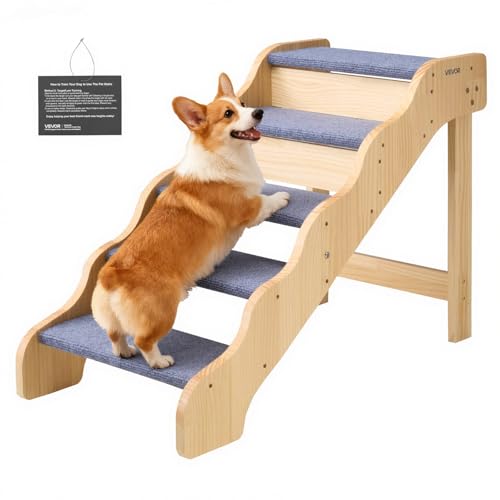 VEVOR Wood Pet Stairs, 5-Step Dog Stairs for High Beds, Sofa & Cars, 150lbs Load Capacity, Non-Slip Surface, Stable Cat & Dog Step Ladder for Small Medium Large Older Pet Puppy Essentials - color: Wood Color+Blue, size: 5-Step Fixed