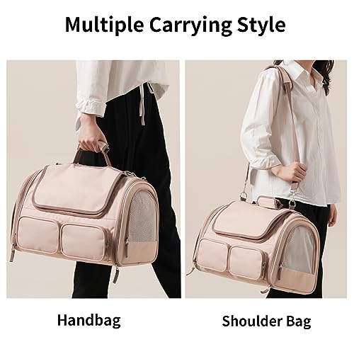 FUKUMARU Cat Carrier, 4 Mesh Windows Small Dog Carrier, 4 Storage Pockets Cat Travel Bag, Under 15 lb Airline Approved Pet Carrier, Rollable Cover for Nervous Cats, Pink - color: Pink