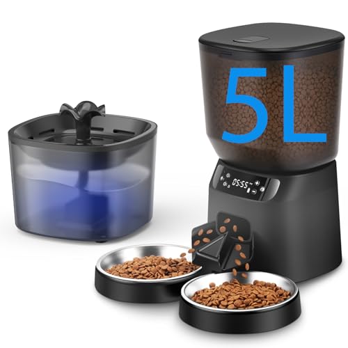 Automatic Cat Feeder and Water Dispenser Set, 5L/20 Cups Timed Cat Dry Food Dispenser, 2L Cats Water Fountain for Drinking with Filter, 10s Meal Call, 20 Portions 6 Meals Per Day - size: 5L/20Cups