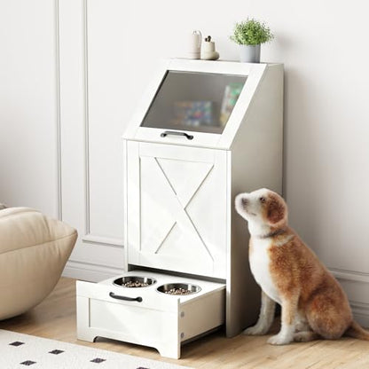Dog Feeding Station with 2 Elevated Bowls, Dog Food Storage Cabinet with Pet Toy Organizer and Flip Top Pet Feeding Station,Hidden Pet Feeder Station for Cats and Dogs(Dog Feeding Station-White) - color: Dog Feeding Station-White