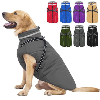 Fragralley Dog Coat with Harness Built in, Waterproof Windproof Reflective Warm Puffer Jacket, Fleece Lined Vest Winter Parka for Small, Medium, Large Dogs - color: Grey, size: Small