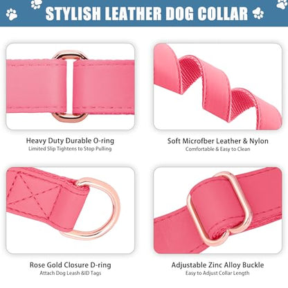Soft Leather Martingale Dog Collar - Adjustable Rose Gold Limited Slip Collars [Easy to Clean], Stylish Durable Heavy Duty Nylon No Pull Training Collar for Small Medium Large Dogs S Hot Pink - color: Hot Pink, size: S (Neck 10"-15", Width 4/5")