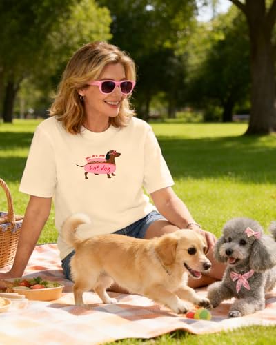 Aiyino Womens Funny Dog Graphic Tee Oversized Dog Lover Shirt | 100 Percent Cotton Soft Breathable Lightweight Everyday Comfort - color: Hot Dog Apricot, size: Small
