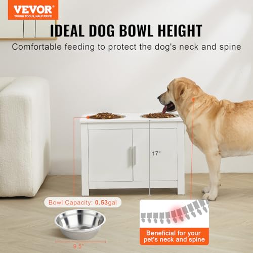 VEVOR Elevated Pet Bowls with Storage Cabinet, Feeding Station with 2 Raised Bowls, Wooden Stand with Handles & Magnetic Doors, Pet Feeder & Toy Organizer, White - size: 23.62x11.81x17.32 inch