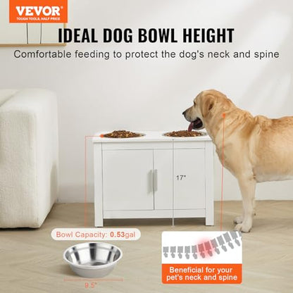 VEVOR Elevated Pet Bowls with Storage Cabinet, Feeding Station with 2 Raised Bowls, Wooden Stand with Handles & Magnetic Doors, Pet Feeder & Toy Organizer, White - size: 23.62x11.81x17.32 inch