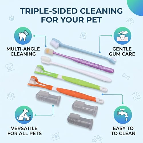 Finger Rubber Pet Toothbrush Set, Triple Head Double Head Dog Toothbrush for Multi Angle Oral Cleaning of Dog Cat (Set 1)