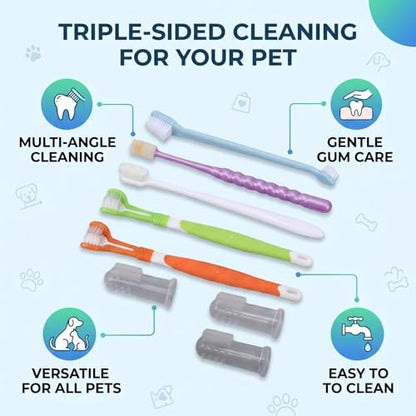 Finger Rubber Pet Toothbrush Set, Triple Head Double Head Dog Toothbrush for Multi Angle Oral Cleaning of Dog Cat (Set 1)