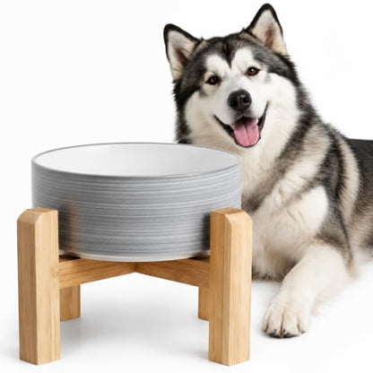 hjn Elevated Ceramic Dog Bowl with Bamboo Stand, Raised Pet Feeding Station for Small Medium Dogs Cats, Modern Design with Anti-Slip Base (White Gray, 7.6Cup) - color: White Gray, size: 7.6Cup