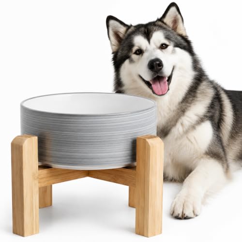 hjn Elevated Ceramic Dog Bowl with Bamboo Stand, Raised Pet Feeding Station for Small Medium Dogs Cats, Modern Design with Anti-Slip Base (White Gray, 7.6Cup) - color: White Gray, size: 7.6Cup