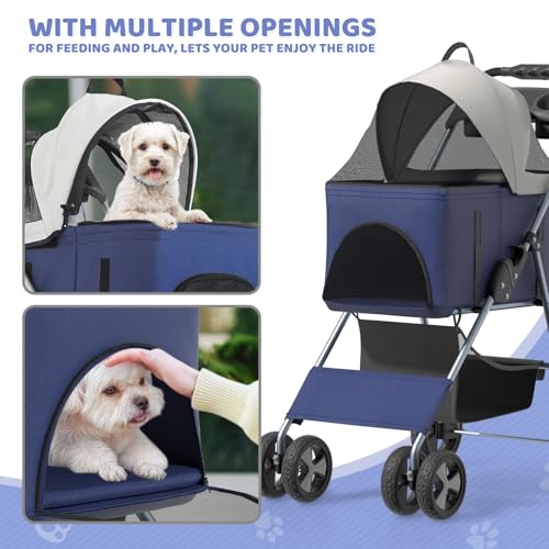 Magshion Foldable Pet Stroller, 3-in-1 Dog Travel Jogger with Detachable Carrier, Cup Holder, Storage Basket, Folding Carrier for Small/Medium Dogs & Cats Up to 33 lbs, Navy Blue - color: Navy Blue, style: Up to 33 lbs