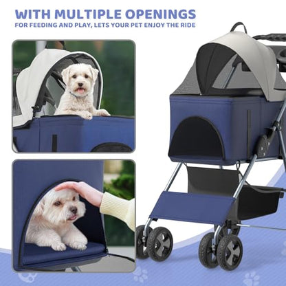 Magshion Foldable Pet Stroller, 3-in-1 Dog Travel Jogger with Detachable Carrier, Cup Holder, Storage Basket, Folding Carrier for Small/Medium Dogs & Cats Up to 33 lbs, Navy Blue - color: Navy Blue, style: Up to 33 lbs