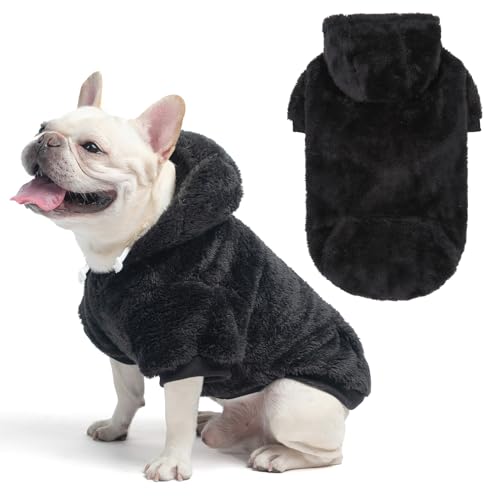 SCENEREAL Fleece Dog Sweaters Hoodie for Small Medium Large Dogs Girls Boys, Plush Fuzzy Dog Clothes Hoodies with Leash Hole, Winter/Fall Puppy Cold Weather Coat, Sherpa Hooded Sweatshirt, Black M - color: Black, size: Medium