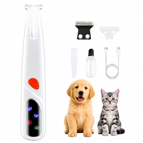 Dogs & Cats Paw Hair Trimmer, 2 Mode Electric Quiet Rechargeable Clipper with LED Light & 2 Wide Blades (0.8"), Waterproof for Paws, Ears, Face, Rump