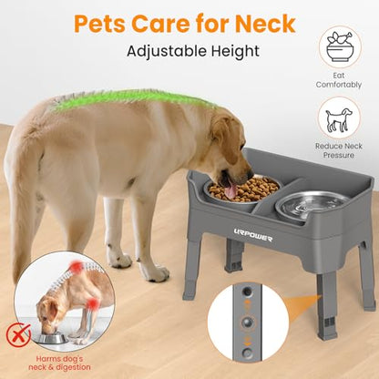 URPOWER 3-in-1 Elevated Dog Bowls - Mess Proof Double Deck 4 Height Adjustable Raised Stand with 2 Stainless Steel Food Bowls & Licking Plate for Small, Medium & Large Dogs - color: Grey, size: Large