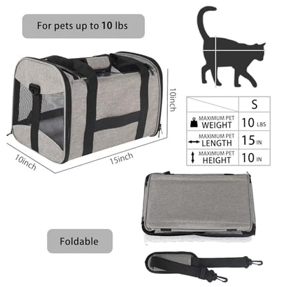 Small Animals Cat Carrying Case Pet Carrier Airline Approved, Protable and Breathable Pet Travel Carrier Removable Fleece Pad Collapsible Cat Carrier Dog Carrier Small Cats Dogs(15 * 10 * 10) - color: grey&black, size: 15.0"L x 10.0"W x 10.0"H
