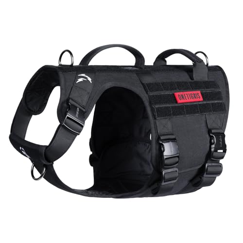 OneTigris Tactical Large Dog Harness, 5X Metal Buckled No Pull Service Dog Harness Vest with Hook & Loop Panels, Military Heavy Duty Dog Vest for Walking Hiking Training - color: Black, size: L