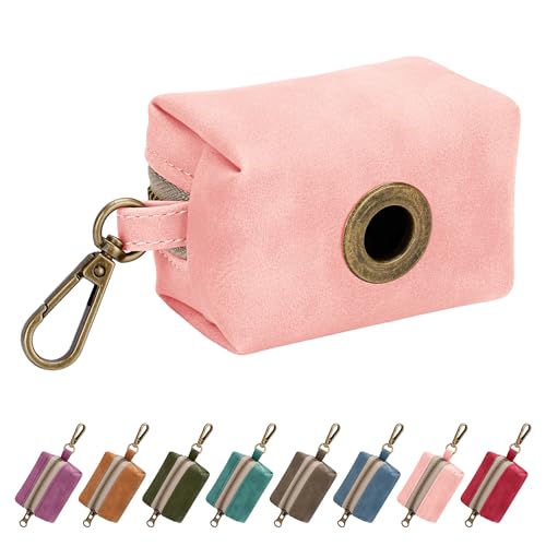 Didog Cute Dog Poop Bag Holder for Leash, Easy-Pull and Colorful PU Leather Dog Poop Bag Dispenser with Metal Clip, Includes 1 Roll Pet Waste Bag for Daily Walking,Pink - color: Pink
