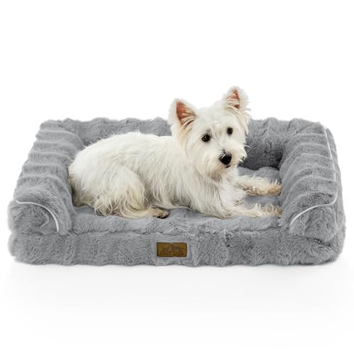 COZY KISS Faux Rabbit Fur Orthopedic Dog Bed, Dog Bed for Medium Size, Supportive Foam Pet Sofa with Waterproof Lining Cover, Washable U-Shaped Pet Couch with Anti-Slip Bottom, Grey M 30x20x6.5 inch - color: Grey, size: M (30x20x6.5 inch)
