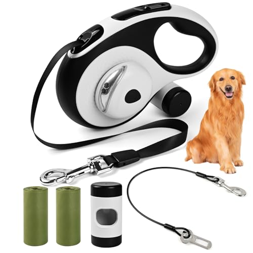 Heavy Duty Retractable Dog Leash for Large Dogs, 26ft Dog Leash with Poop Bag Holder, Up to 110lbs, chew Proof Cable, LED Light, 360° No-Tangle, One-Handed Pause & Locked (White, L 26ft) - color: White
