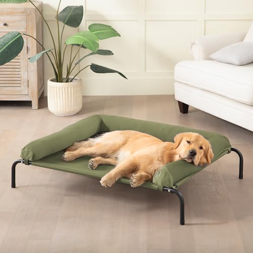 Cooling Elevated Dog Bed for Large Dogs, Portable Indoor & Outdoor Raised Dog Bed with Breathable Mesh, Chew Proof Pet Hammock Cots with Removable and Waterproof Bolsters - color: Green, size: 48.0"L x 35.0"W x 8.0"Th