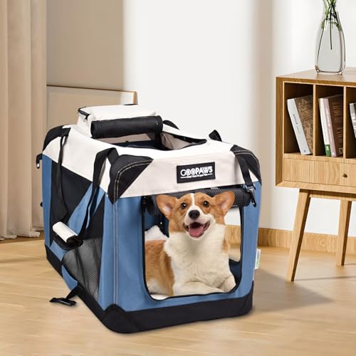 JESPET Soft Dog Crates Kennel for Pets, 3 Door Soft Sided Folding Travel Pet Carrier with Straps and Fleece Mat for Dogs, Cats(6-Lake Blue, Large(30" L x 21" W x 23" H)) - color: 6-Lake Blue