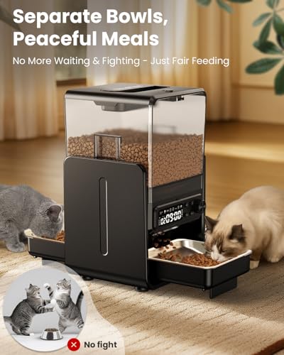 Automatic Cat Feeder for 2 Cats, 5L/20 Cups Food Dispenser with Adjustable Raised Double Bowls, Detachable Control Panel, Timed Cat and Dogs Feeder for Dry Food, Dual Power Supply