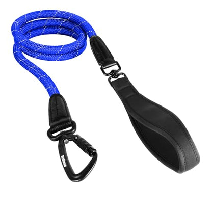 PetBonus Rope Dog Leash, 5 FT Heavy Duty Pet Nylon Leash with Auto Locking Aviation Aluminum Carabiner, Comfortable Padded Handle, Reflective Walking Training Lead for Medium Large Breeds (Blue) - color: Blue