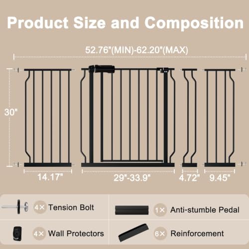 WAOWAO Baby Gate 134-158cm(53-62인치) 엑스트라 와이드 압력 장착 워크 스루 스윙 자동 닫힘 안전 블랙 메탈 유아 어린이 개 애완동물 강아지 계단, 출입구, 주방용 - color: 블랙., size: 52.8-61.8"/134.11-156.97cm