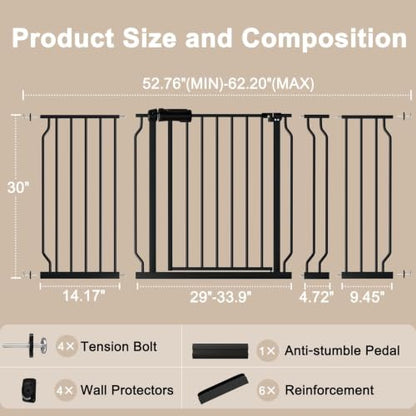 WAOWAO Baby Gate 134-158cm(53-62인치) 엑스트라 와이드 압력 장착 워크 스루 스윙 자동 닫힘 안전 블랙 메탈 유아 어린이 개 애완동물 강아지 계단, 출입구, 주방용 - color: 블랙., size: 52.8-61.8"/134.11-156.97cm