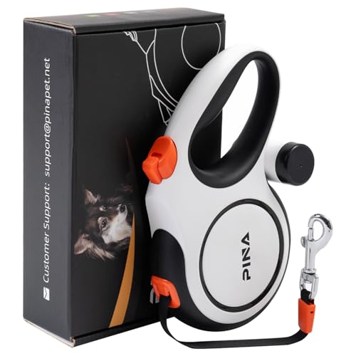 PINA Upgraded Retractable Dog Leash, 26 ft Dog Leash for Small Medium Large Dogs Up to 110lbs, Heavy Duty Reflective Nylon Tape 360° Tangle-Free, with Anti-Slip Handle, One-Handed Brake, Pause, Lock - color: White