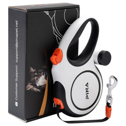 PINA Upgraded Retractable Dog Leash, 26 ft Dog Leash for Small Medium Large Dogs Up to 110lbs, Heavy Duty Reflective Nylon Tape 360° Tangle-Free, with Anti-Slip Handle, One-Handed Brake, Pause, Lock - color: White