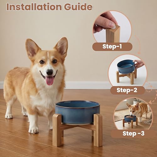 hjn Elevated Ceramic Dog Bowl with Bamboo Stand, Raised Pet Feeding Station for Small Medium Dogs Cats, Modern Design with Anti-Slip Base (Deep Blue, 3.6Cup) - color: Deep Blue, size: 3.6Cup