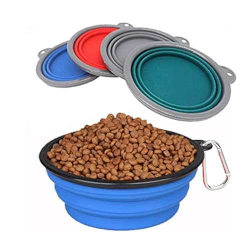 Collapsible Portable Silicone Big Dog Bowls,2 Pack,34 oz/Each Bowl,Silicone Basic Bowl with Plastic Rim and D-Ring,Foldable Travel pet Feeder,Portable Basic Bowl for Dog (Blue) - color: blue