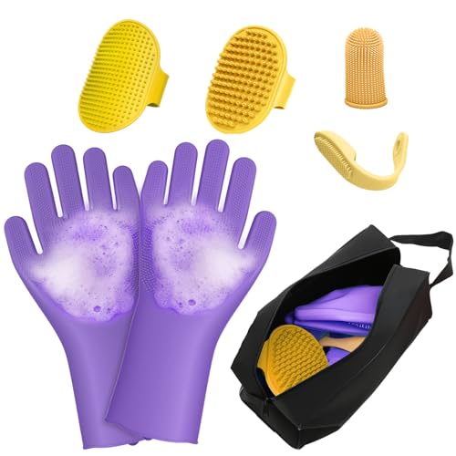 7PCS Pet Grooming Kit for Dogs and Cats | Dog Bath Brush | Washing Gloves | Cleanroom Gloves | Dog Shampoo Brush | Finger Toothbrushes | Storage Bag | All-in-One Pet Care (Purple) - color: Lavender Purple