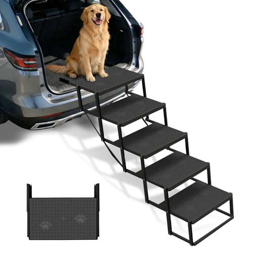Dog Steps for Car, Truck, SUV, Dog Stairs for Car with Upgraded Non-Slip Surface, Foldable Dog Ramp for Car, Pet Stairs for Large Dogs, 5 Steps - color: Black, size: 5 Steps