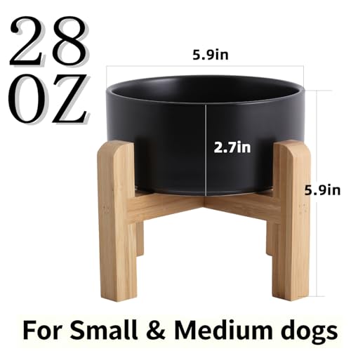 Elevated/Raised Ceramic Dog Bowl with Bamboo Stand，6 Inch 3.6 Cups Non Slip Heavy Weighted Single Pet Dish, for Small Medium Breed & Cats,Reduces Neck Strain Black - color: Black, size: 3.6 Cups - Medium