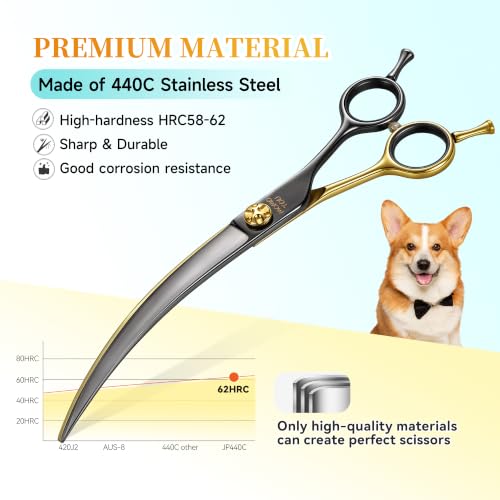45° Super Curved Dog Grooming Scissors 7.5" | 440C Stainless Steel, CNC, Big Arc Curved, Sharp and Durable, Professional Groomers，Black & Gold，Adjustable Screw