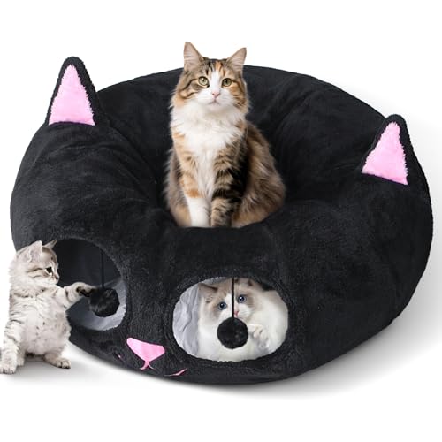 Cat Tunnel Bed for Indoor Cats, Peekaboo Cat Cave with Washable Soft Play Mat, Furry Cat Tube, for Kitten/Puppy/Rabbit, Kitten Series Black Pink - color: Black Pink