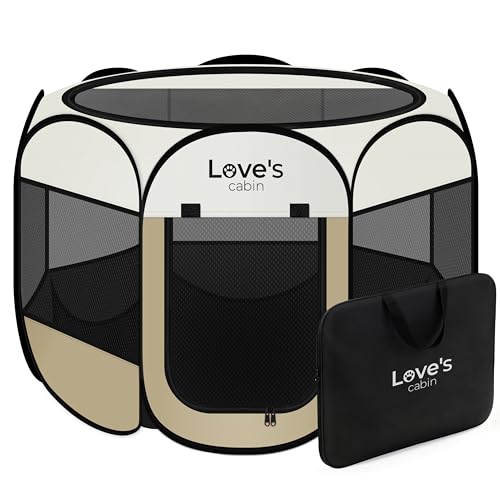 Love's cabin Pet Puppy Dog Playpen, Large Dog Tent Crates Cage Indoor/Outdoor, Portable Playpen for Cat, Foldable Pop Up Dog Kennel Playpen with Carring Case, Removable Zipper Top, Khaki - color: Khaki, size: 38.0"L x 38.0"W x 23.0"H