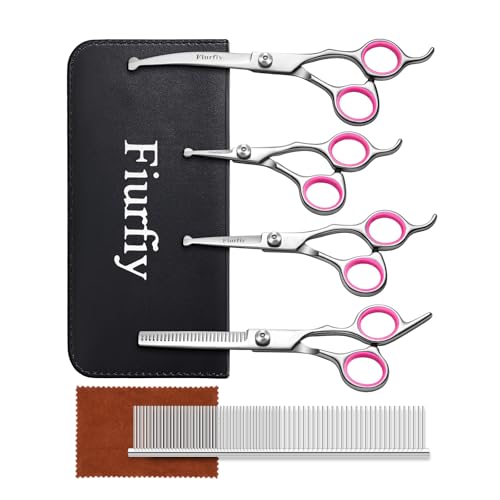 Furry Professional Pet Grooming Scissors with Safety Round Heads - 6 in 1 Curved Scissors for Dogs and Cats - color: Pink