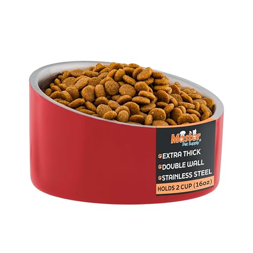 Master Pet Supply Stainless Steel Slanted Dog Cat Food Bowl - 16 oz Heavy Duty - Crimson Flame, Double Wall Insulated, Non-Slip Elevated Bowl for French Bulldogs Pugs Cats, Anti Rust Dishwasher Safe - color: Crimson Flame, size: 2 Cups (16 oz)